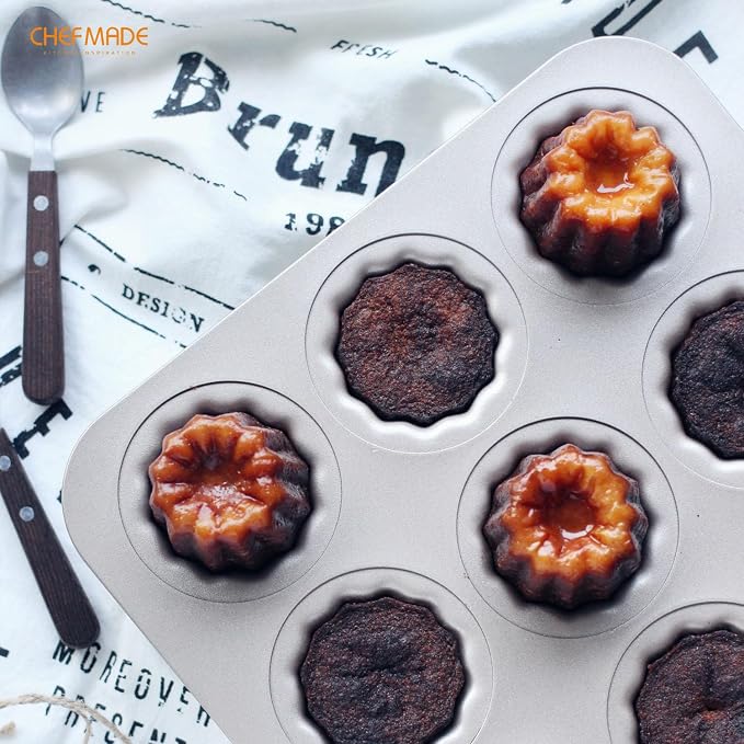 CHEFMADE Canele Mold Cake Pan, 12-Cavity Non-Stick Canele Muffin Bakeware Cupcake Pan for Oven Baking (Champagne Gold)