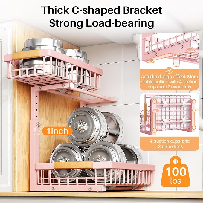 PXRACK Under Sink Organizer, Adjustable Height, 2 Tier Pull Out Under Cabinet Organizer, Slide Out Thickened Metal Under Sink Storage for Kitchen Bathroom Laundry Pantry Cabinet, Pink, Large-1-Pack