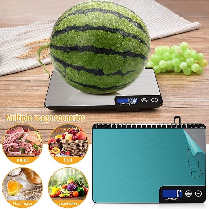Diyife 33lb Digital Kitchen Scale with Large Weighing Area (9 in) | Professional Food Scale, Stainless Steel Household Scale, Touch Control, LCD Display, Hangable, 6 Units, Tare, with Batteries