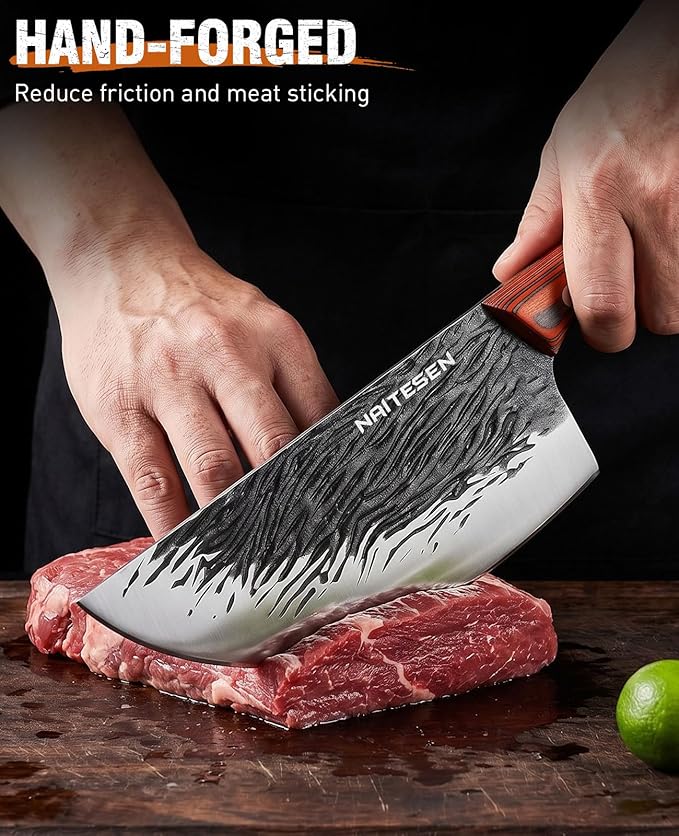 Naitesen 3PCS Hand Forged Butcher Knife Set with Gift Box | Very Sharp Full Tang Wood Handle Serbian Chef Knife, Cleaver and Boning Knife for Meat Cutting Kitchen, Camping & BBQ