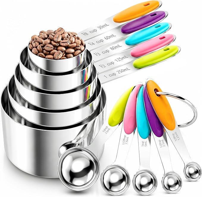 Measuring Cups and Spoons Set of 10 Pieces | Stainless Steel Nesting Measuring Cups Set with Colorful Silicone Handles, Kitchen Utensils for Cooking Baking