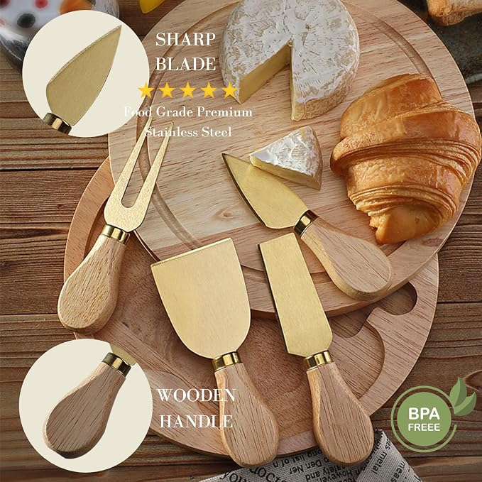 Charcuterie Board Accessories Set - Charcuterie Utensils Kit with Cheese Knives, Spoons & Forks, Ceramic Dipping Bowls, Mini Tongs, Cheese Markers, Honey Dipper for Charcuterie & Grazing Board (Gold)