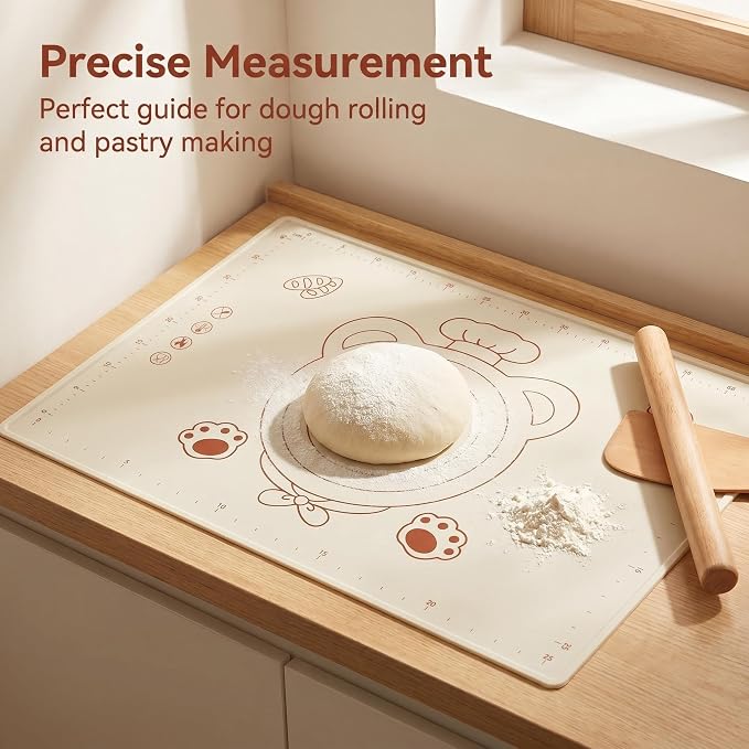 Silicone Baking Pastry Dough Mat - 25"x16" Extra Thick Dough Rolling Matt with Measurement, NonStick Kitchen Counter Kneading Pad Raised Edge, Reusable Heat Resistant for Bread Pizza Fondant Pie Crust