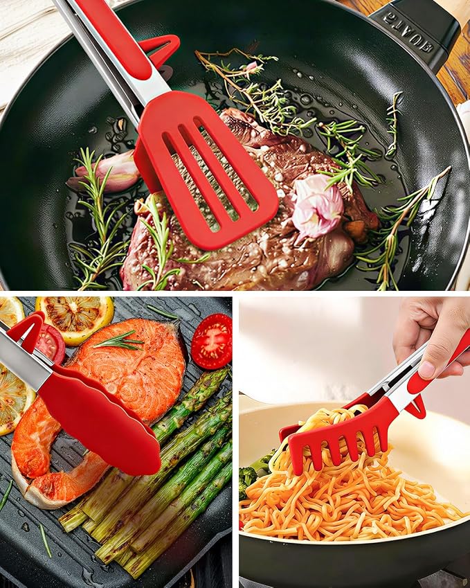Kitchen Tongs for Cooking, Non Scratch Silicone Tip for Nonstick Cooking Pans, Food Grade Mini Serving Tongs, Pull Lock, Set of 3 (Red, 12 inch)