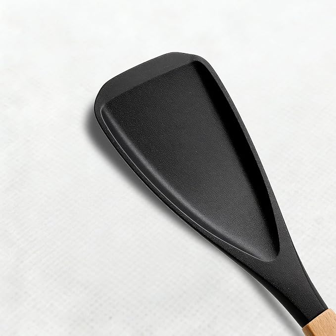 Silicone Spatula Set, 3Pcs Cooking Spatulas Spoons for Nonstick Cookware, Heat Resistant Multifunction Spoon with Wood Handle for Mixing, Scoop and Scrape (Black)