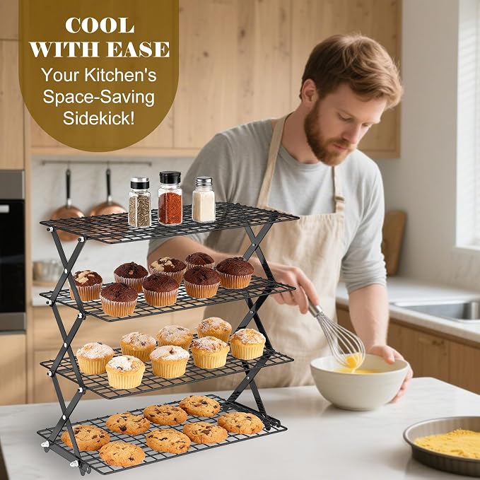 BEWOS 4 Tier Collapsible Cooling Rack - Adjustable Black Stainless Steel Baking Rack with Mesh Leak Proof, Foldable X-Shaped Structure Cooling Racks for Cooking and Baking, Dishwasher Safe