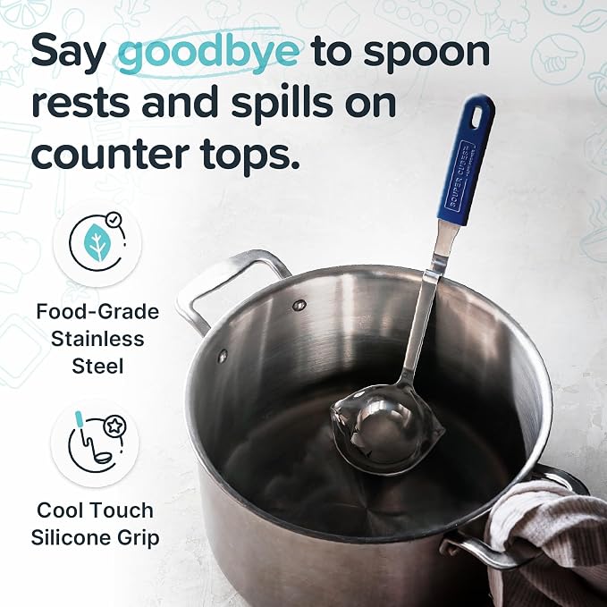 Souper Cubes + Lori Greiner No Mess Stainless Steel Soup Ladle with Silicone Handle - Metal Soup Ladle with No Mess Design That Hooks on Side of Any Pot - Blueberry