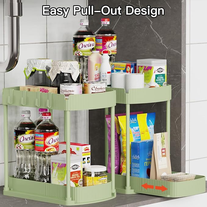 2 Packs Under Sink Pull-Out Storage Organizers, 12.8 Inches, Green | Multi-Purpose Cabinet Organizers and Storage for Bathroom & Kitchen
