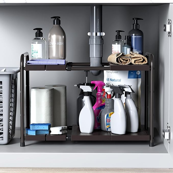 Simple Houseware Under Sink 2-Tier Heavy Duty Expandable Organizer, Bronze | Adjustable Width 15.75–25 Inches with 4 Shelf Height Levels