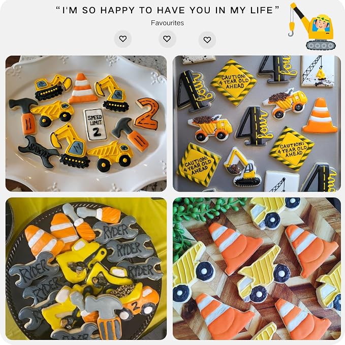 Construction Cookie Cutter Set-3 Inches-9 Piece- Excavator Digger Bulldozer Dump Truck Hammer Wrench Construction Tools Cutters Molds for Kids Construction Themed Party