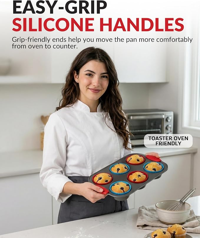 Non-Stick Steel 6 Cup Muffin Pan with Silicone Handles and Reusable Liners - Perfect for Baking Large Muffins and Cupcakes