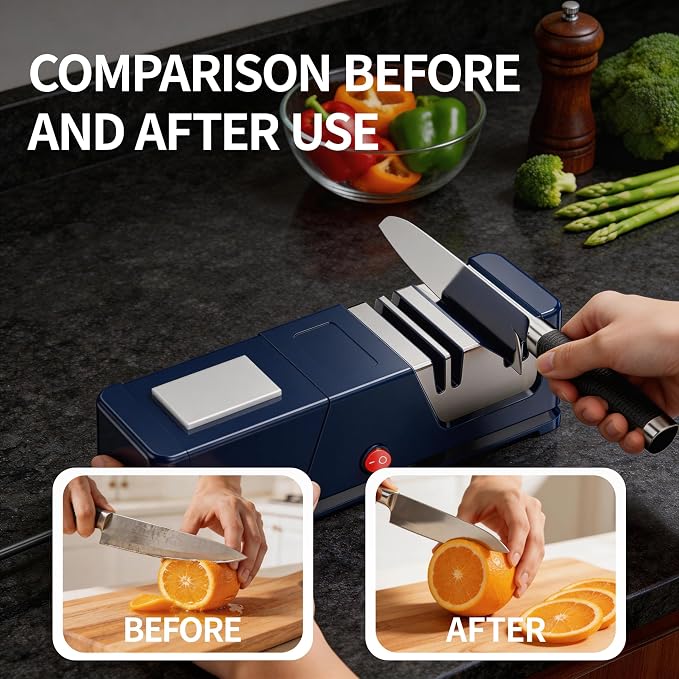 Electric knife sharpener, Professional Diamond Sharpening System with Replaceable Sharpening Abrasives, Fast Sharpening to Restore & Polish Chef Knives (Blue)