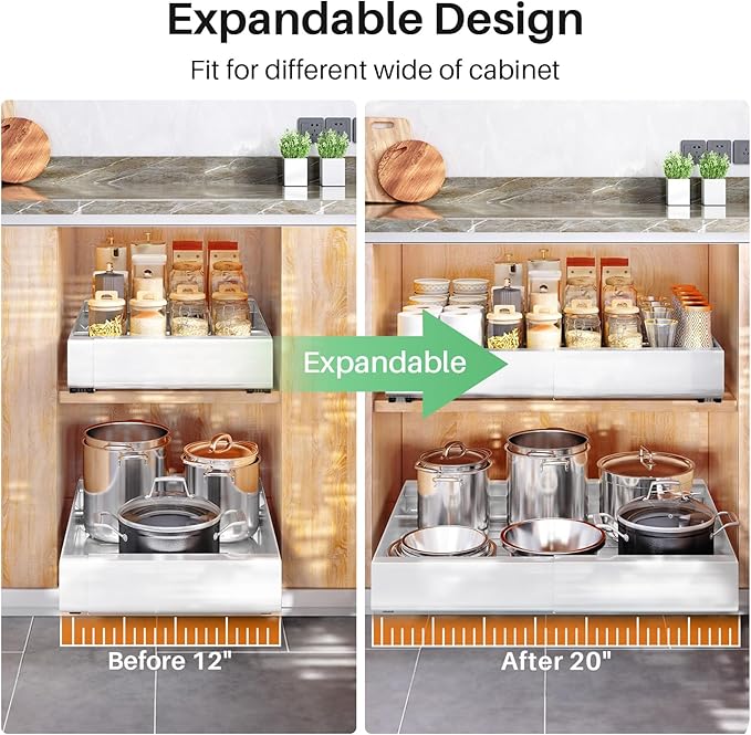 Pull out Cabinet Organizer, Expandable(12"-20") Heavy Duty Slide out Drawers Fixed with Adhesive Nano Film for Pots, Roll out Shelf Storage for Kitchen Base Cabinet, Pantry, Bathroom(2-Pack)
