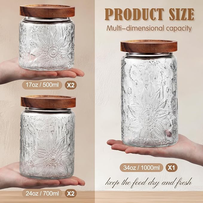 5 Pcs Sunflower Vintage Glass Jars with Bamboo Airtight Lid 17/24/34 oz Glass Food Containers Storage for Kitchen Counter Pantry Sugar Flour Coffee Tea Candy Oats Cereal(Round)
