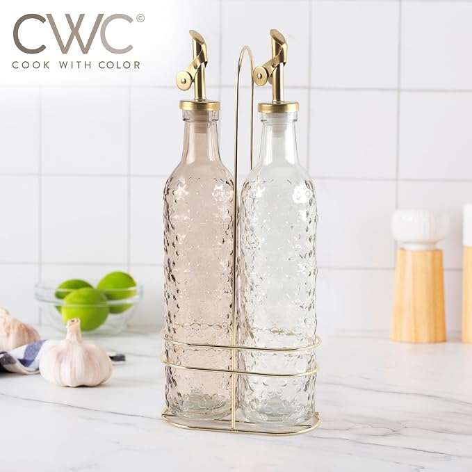 COOK WITH COLOR Glass Olive Oil Bottle Dispenser - 2 Pack- 17oz Oil and Vinegar Cruet - Olive Oil Carafe Decanter for Kitchen, Floral, Brown