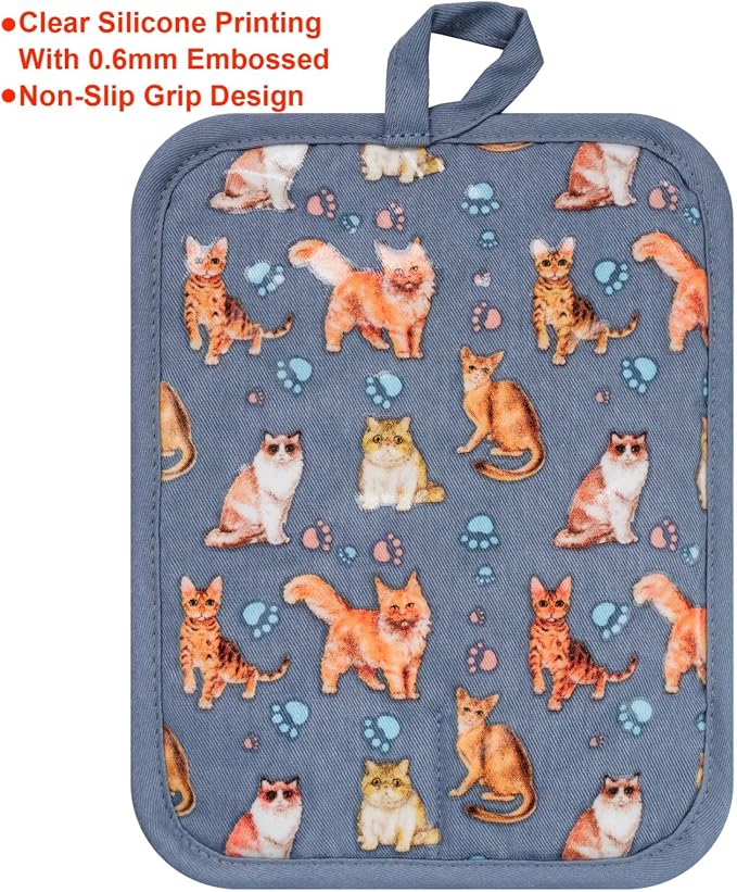 Pot Holders Set of 2 Heat Resistant 480 ℉Non Slip Clear Silicone Printed Comfortable Cotton Lining Kitchen Women Men Cooking Baking Microwave Machine Washable (Cat, Grey potholders)