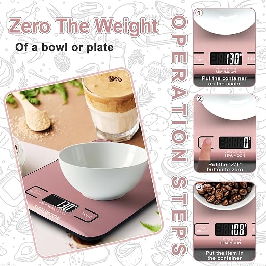 Food Scale Kitchen-Scale 11lb/5kg Food Scale for Kitchen Stainless Steel LCD Display Tare Function (g/oz/ml) for Meal Prep Coffee (Batteries Included) Pink