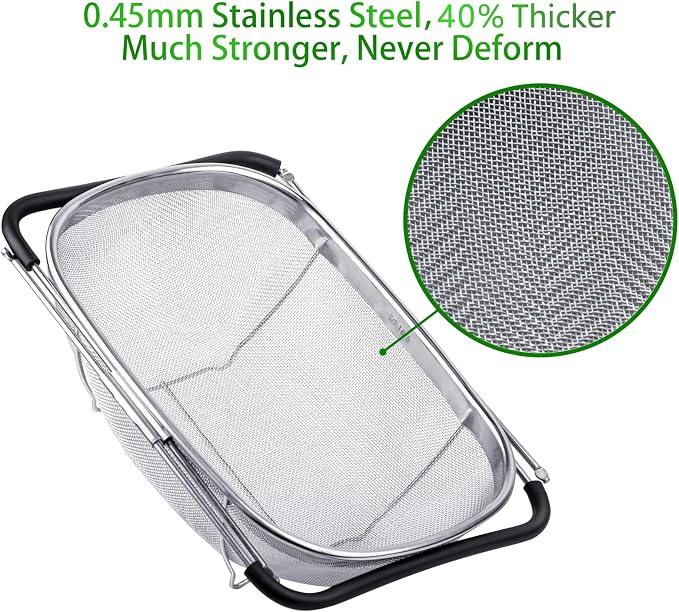 Tiawudi 6-Quart Large Over The Sink Colander, Heavy Duty 40% Thicker 18/8 Stainless Steel Fine Mesh Strainer Basket with Expandable Rubber Grip Handles - Strain, Drain, Rinse Fruits, Vegetables