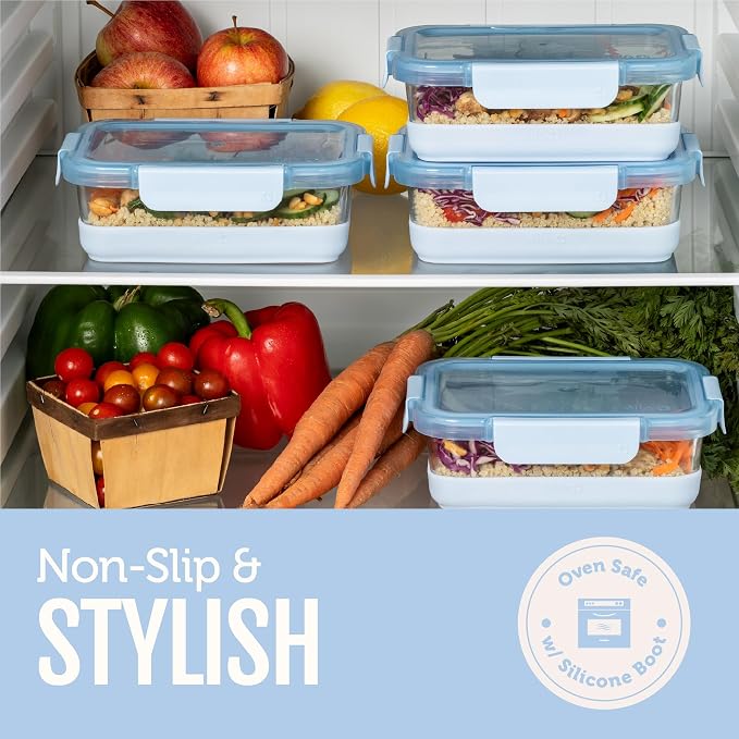 Ello Duraglass Refresh 3.4 Cup Meal Prep Containers, 10 Pc, Halogen Blue | Glass meal prep container set with silicone boots, airtight leakproof BPA-free lids, microwave, freezer & dishwasher safe