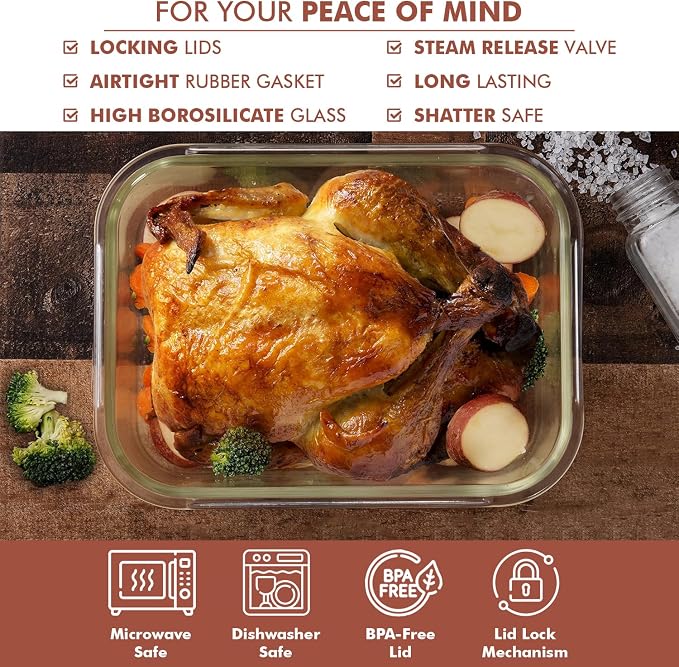 Razab 10 Cups/ 80 Oz 4 Pc (Set of 2) Glass Food Storage Containers with Airtight Locking Lids For Storing & Serving Food. BPA Free & Leak Proof - Microwave, Dishwasher, Fridge, Freezer, Oven Safe