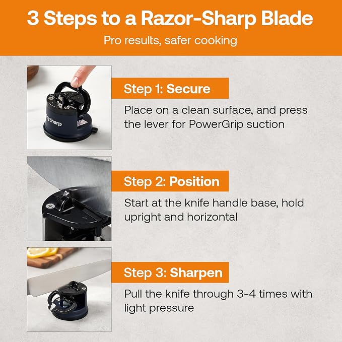 AnySharp – Editions – Hands Free Knife Sharpener - Easy to Use Sharpening Tool with PowerGrip Suction Base and 20-Degree Pre-Set Angle - for All Knives: Chef's, Serrated, and Hardened Steel - Navy