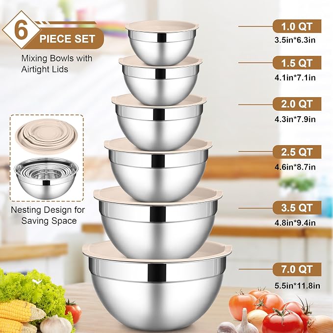 LIANYU 6 PCS Mixing Bowls with Lid Set, Size 7 & 3.5 & 2.5 & 2 & 1.5 & 1QT | Stainless Steel Cooking Serving Bowls, Kitchen Metal Nesting Bowl for Prepping & Food Storage, Dishwasher Safe, Khaki