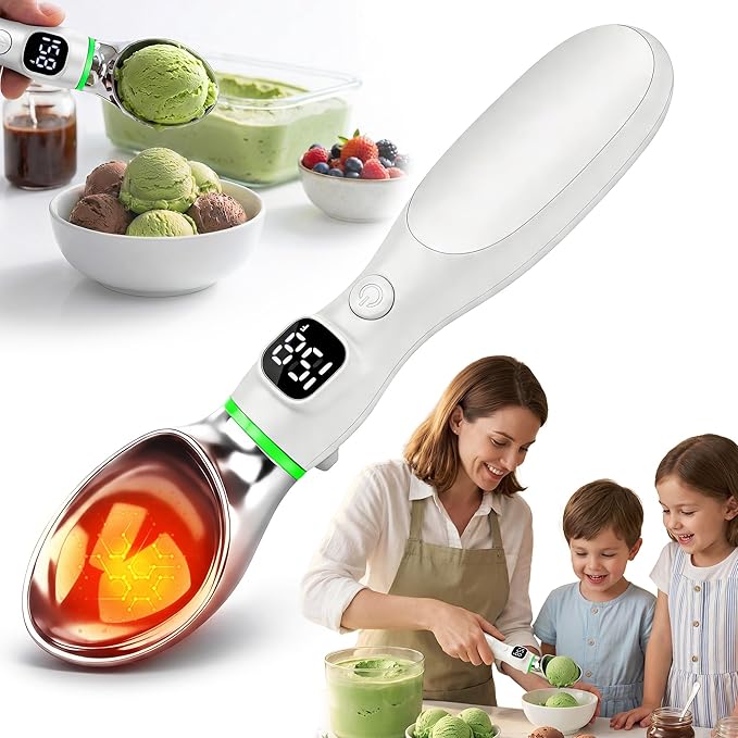 Heated Ice Cream Scoop, Rechargeable Electric Ice Cream Scoop with LED Display, 3 Heat Levels 122°F/140°F/158°F, Nonstick Ice Cream Scooper for Hard Ice Cream, Gelato, Frozen Yogurt & Sorbet (White)
