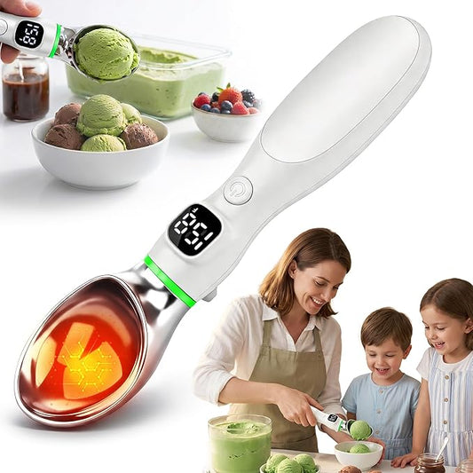 Heated Ice Cream Scoop, Rechargeable Electric Ice Cream Scoop with LED Display, 3 Heat Levels 122°F/140°F/158°F, Nonstick Ice Cream Scooper for Hard Ice Cream, Gelato, Frozen Yogurt & Sorbet (White)