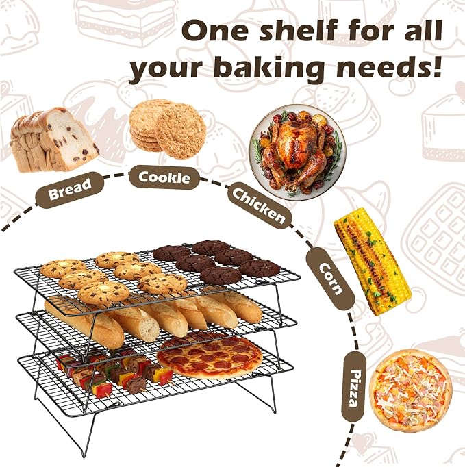 Pleafind 3 Pieces Stackable Cooling Rack - 16 x 10 Inch Wire Rack, 0.43" Dense-Grid Cooling Racks for Cooking, Baking, Roasting, Grilling, Oven and Dishwasher Safe, Black