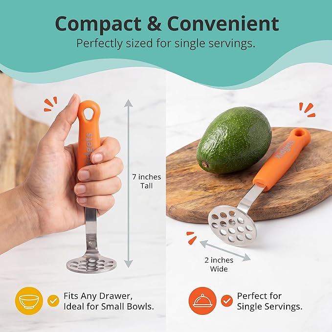 Mini Avocado Masher, Heavy Duty, Kitchen Utensil. Stainless Steel, Tiny Masher, Compact Mini Masher for Avocado - Effortless Guacamole Preparation, Dishwasher Safe (Orange)