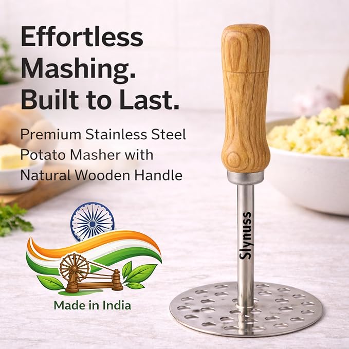 Slynuss ® | Potato Masher Stainless Steel | Pav Bhaji Smasher for Kitchen with Wooden Handle | Potato Smasher | kitchen utilities | Pack of 1| (Round-Size-3), 8.5 CM