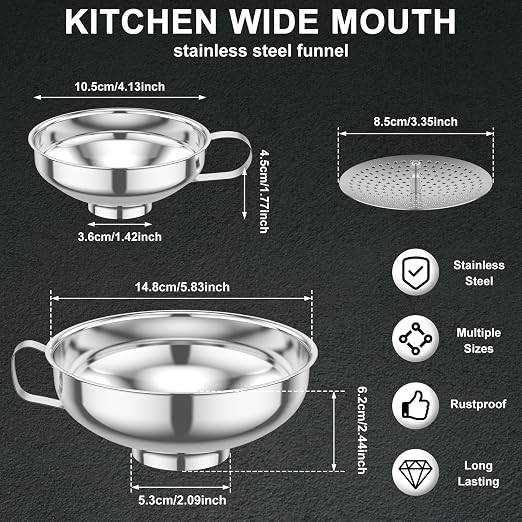 6 Piece Stainless Steel Canning Funnel Set with Strainers, Wide Mouth Mason Jar Funnels Family Pack, Metal Funnels for Filling Bottles, Canning Supplies for Preserving