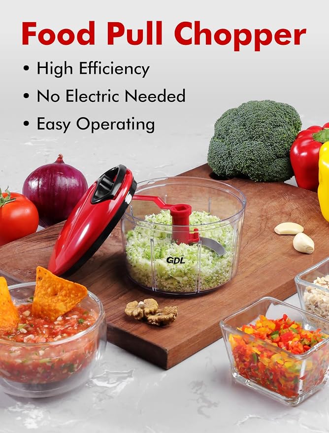 GDL Food Chopper, Pull Onion Chopper Dicer, Hand Powered Food Mincer, Fast Cutting Hand Chopper for Oinon, Garlic, Nut, 3.4 Cups 0.8L, Red