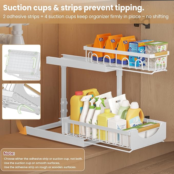 Under Sink Organizer and Storage for Bathroom and Kitchen - 2 Pack 2 Tier | Cabinet Pull Out Shelf Organizers - Slide Out Drawer Organization for Home Cabinets Shelves and Drawers