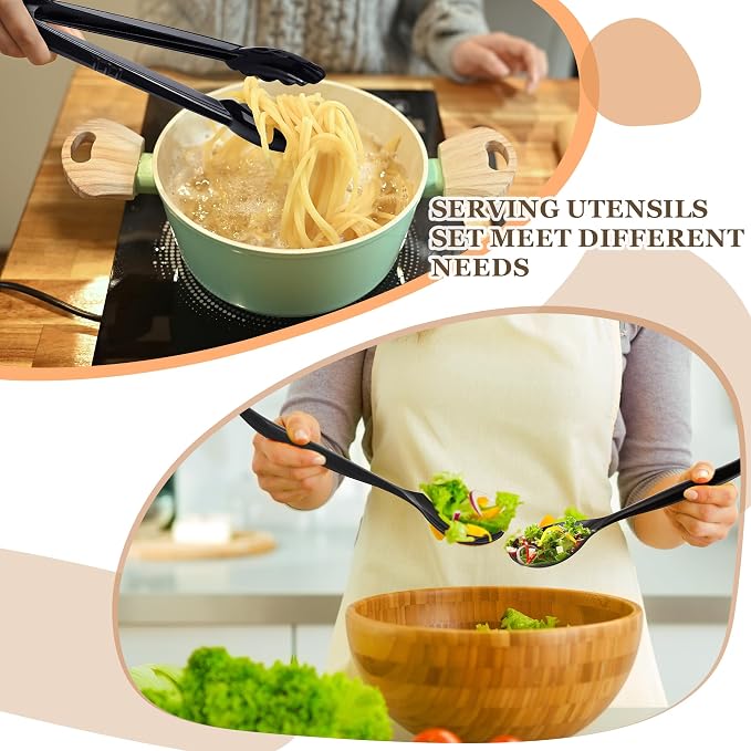Mwellewm 36Pcs Plastic Serving Utensils Set Large Disposable Serving Spoons Forks Tongs for Serving Food Heavy Duty Black Large Party Utensils Supplies for Buffet Restaurant Dinner Salad Soup