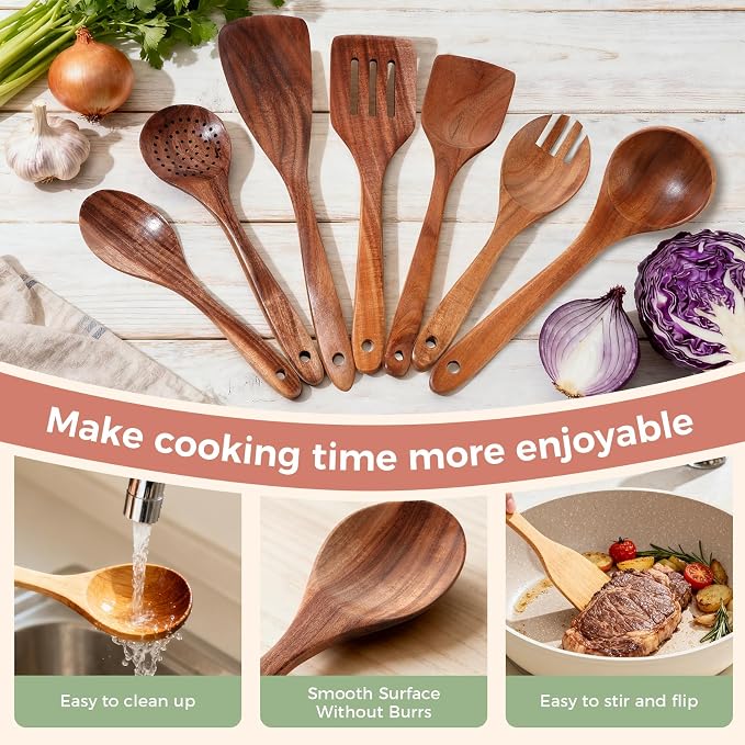 Wooden Spoons for Cooking - 7 Pieces Wooden Kitchen Utensils Set, Smooth Natural Teak Wood Utensil Set, Nonstick Heat-Resistant Cooking Utensils - Lightweight & Sturdy, Wooden Spatula for Cooking