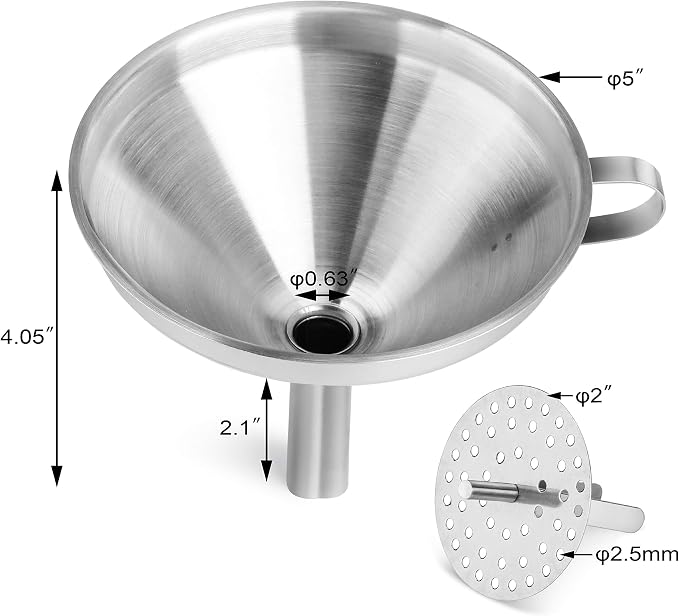 New Star Foodservice Stainless Steel Funnel with Detachable Strainer Filter, 5-Inch, Silver, Heavy-Duty Kitchen Funnel for Liquids, Oils, Sauces, Broths, and Canning