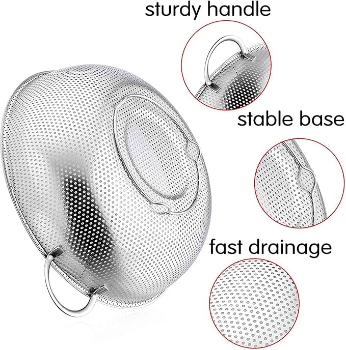 TeamFar Stainless Steel Colander, 5QT Micro-Perforated Metal Colander Food Strainer with Handles, for Draining Washing Rinsing Steaming, Non Toxic & Dishwasher Safe, Solid Construction & 3 Stable Feet