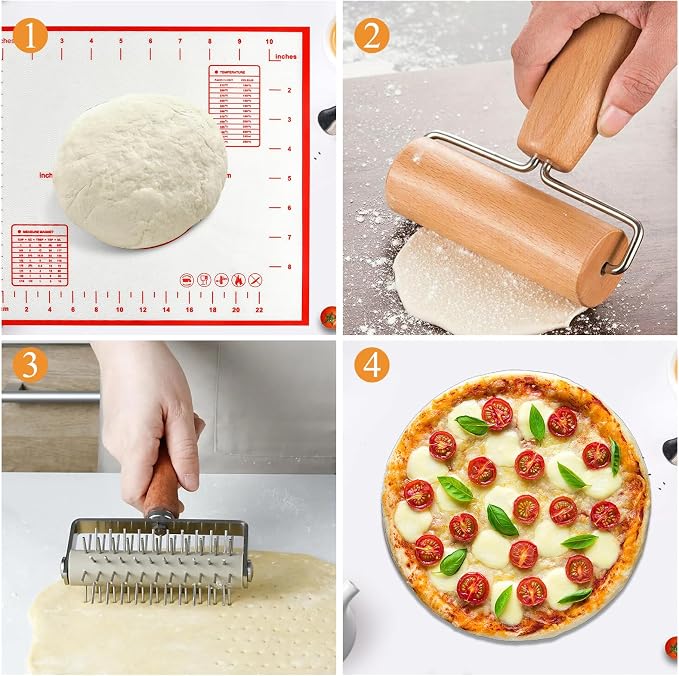 Set of 3 Pizza Kit Including Stainless Steel Pizza Dough Roller, Wooden Docker Rolling Pin and Non-slip Silicone Baking Mat, Dough Hole Maker for Cookie Pie Pastry Crust