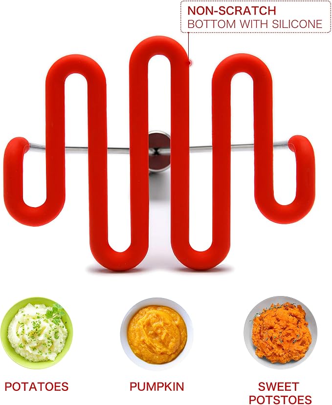 Jell-Cell Potato Masher - Silicone Protect Body with Premuim Stainless Steel Non Scratch Cookware for Smooth Mashed Potato Vegetables and Fruits Color Red