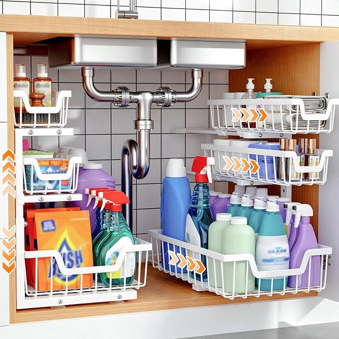 Under Sink Organizer, 2-Pack 3-Tier Height Adjustable Thickened Metal Pull out Cabinet Organizer Shelf, Slide out Storage Drawer Rack for Bathroom Kitchen Pantry Home Laundry Organization (White)