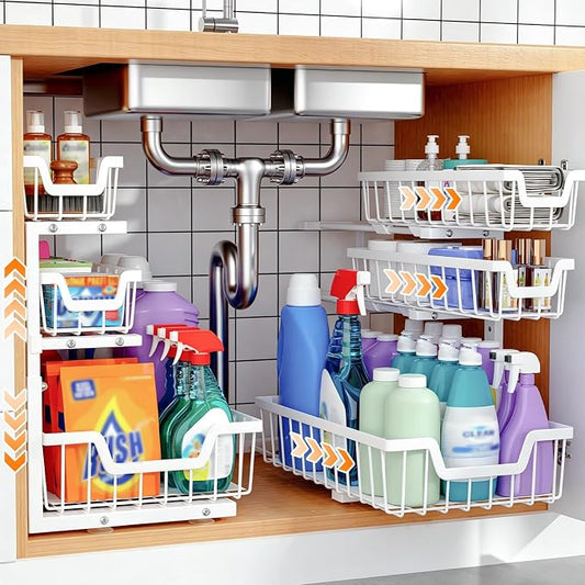 Under Sink Organizer, 2-Pack 3-Tier Height Adjustable Thickened Metal Pull out Cabinet Organizer Shelf, Slide out Storage Drawer Rack for Bathroom Kitchen Pantry Home Laundry Organization (White)