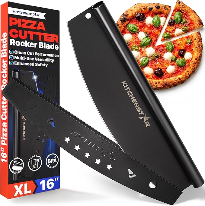 16-Inch Pizza Cutter Rocker Blade, 304 Stainless Steel Slicer Knife, Black | Protective cover included, one-piece design, food-grade stainless steel, suitable for large pizzas