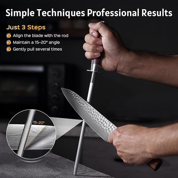 PAUDIN Honing Rod, Knife Sharpener Rod 10 inch, Professional Kitchen Knife Sharpener, High Carbon Knife Sharpening Steel with Ergonomic Pakkawood Handle, Honing Steel for All Chef Knives