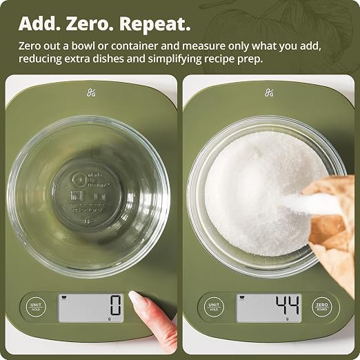 Greater Goods Food Scale – Digital Kitchen Scale, 1g Precision, Easy-Tare & Quick Conversion, Slim Compact Design, Durable & Portable | Ideal for Cooking, Baking & Meal Prep (Moss Green)