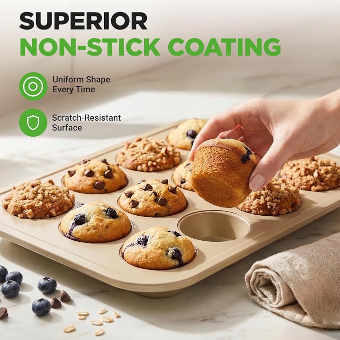NutriChef Muffin Pans for Baking 2-Pack | Nonstick 12 Mold Cupcake Tins | Carbon Steel Stackable Cup Cake Trays | Dishwasher & Oven Safe | Includes 100 Parchment Paper Liners | 13 x 10 x 1 | Gold