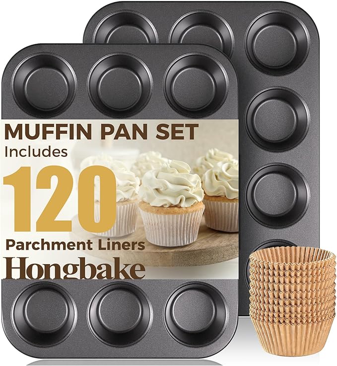 Muffin Pans with 120 Natural Parchment Liners, Nonstick Cupcake Baking Tray for Oven, Premium Standard Size, 12 Cup, 2 Pack, Dark Grey