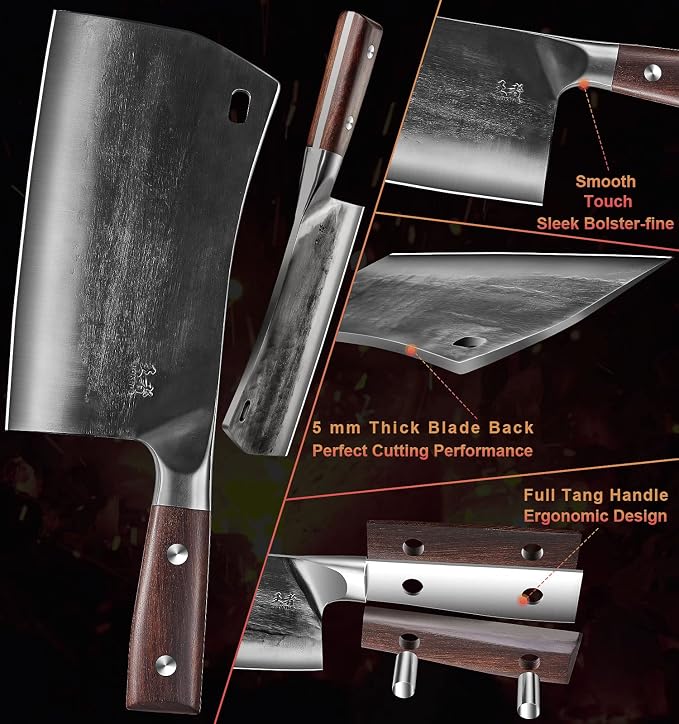 ENOKING 7.5″ Cleaver Knife, Chef’s Knives – Hand Forged, German High Carbon Stainless Steel Butcher Knife with Full Tang Handle for Home Kitchen & Restaurant