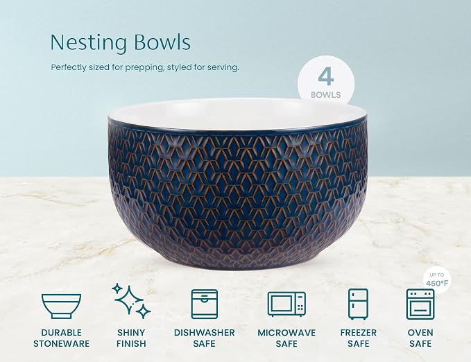 Kook Ceramic Nesting Bowls, Embossed Kitchen Bowls, For Prep, Mixing and Serving, Microwave and Dishwasher Safe, Midnight Blue with Burnt Copper Accents, 20/44/98/145 oz, Set of 4, Narbonne Collection