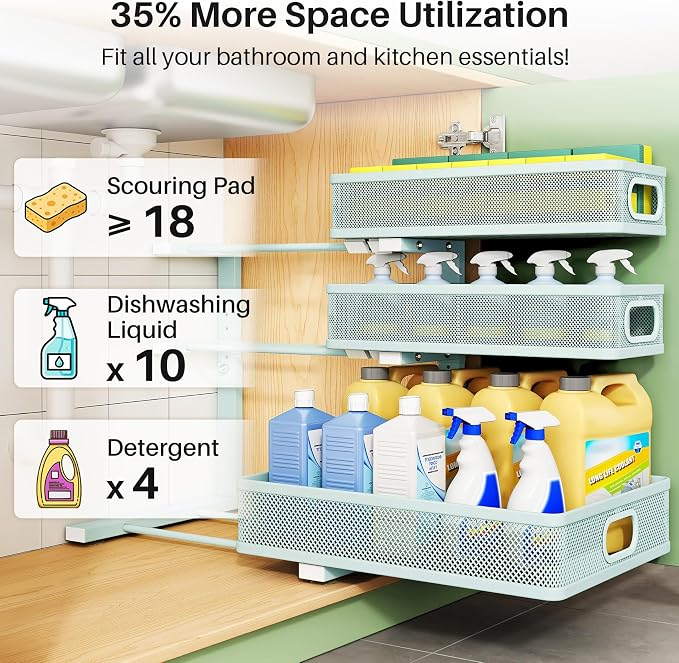 Under Sink Organizer, 2-Pack 3-Tier Height Adjustable Thickened Metal Pull out Cabinet Organizer Shelf, Slide out Storage Drawer Rack for Bathroom Kitchen Pantry Home Organization, LightBlue